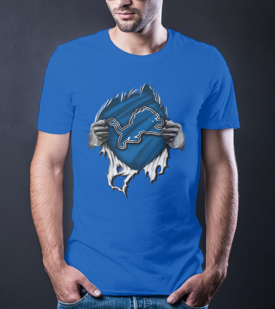 Torn DETROIT LIONS Logo Revealed Through Ripped Blue Fabric T-Shirt