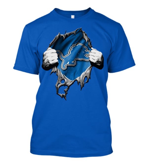 Torn Skin Revealing Detroit Lions Emblem On Blue T-Shirt