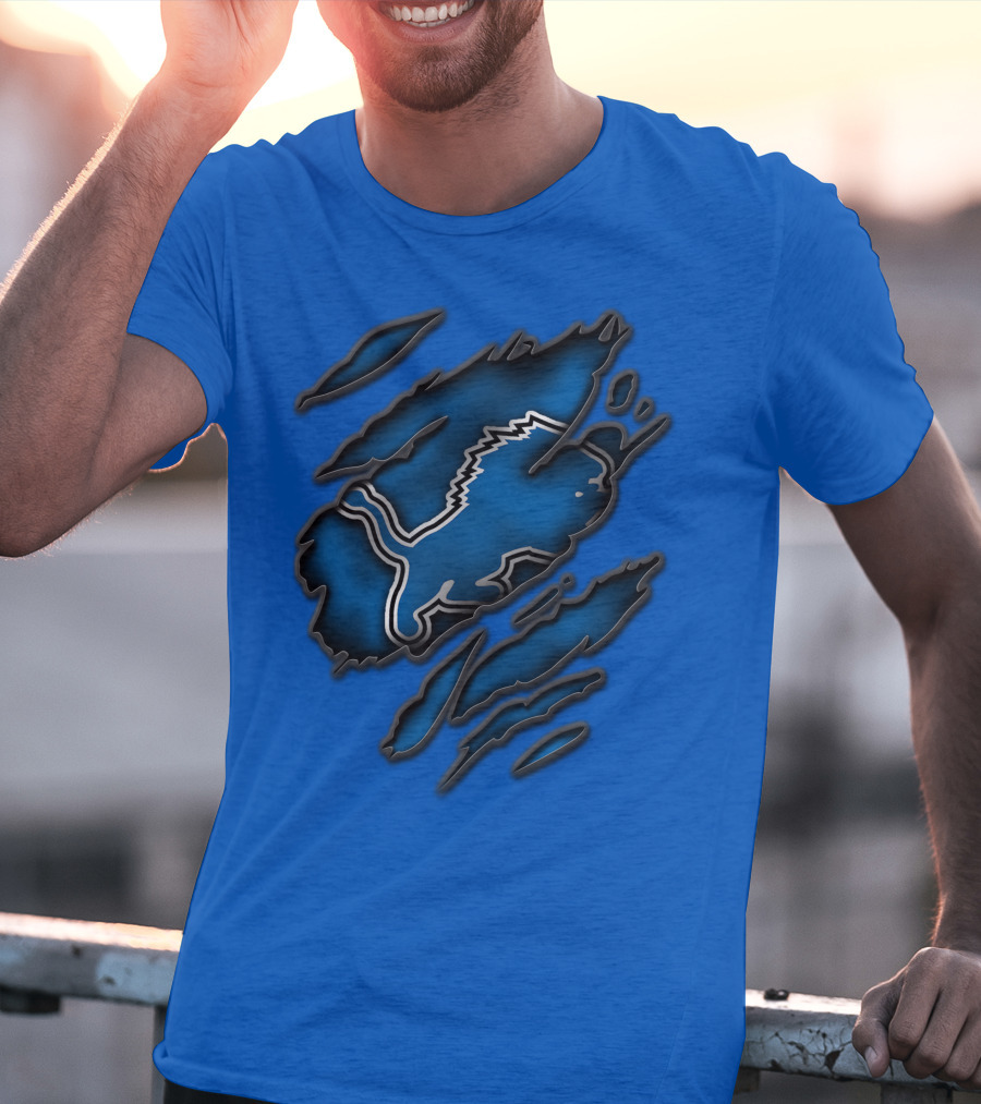 Torn Detroit Lions Blue Texture With Iconic Lion Logo In Claw Marks T-Shirt