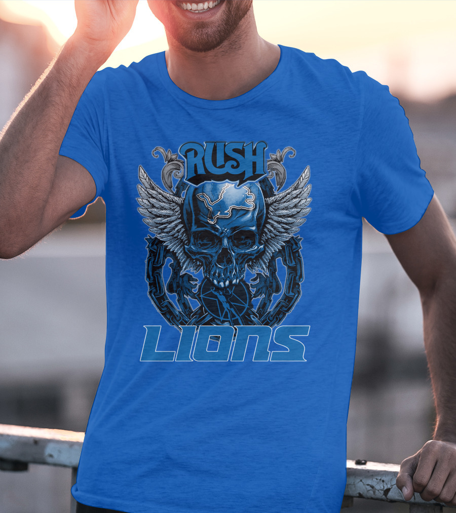 Rush Detroit Lions Skull With Wings And Chains T-Shirt