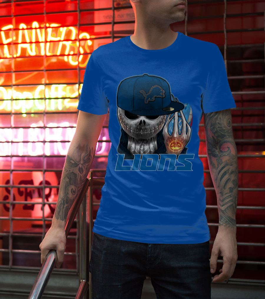 LIONS Jackskull Detroit Football Pumpkin Face Cap T-Shirt