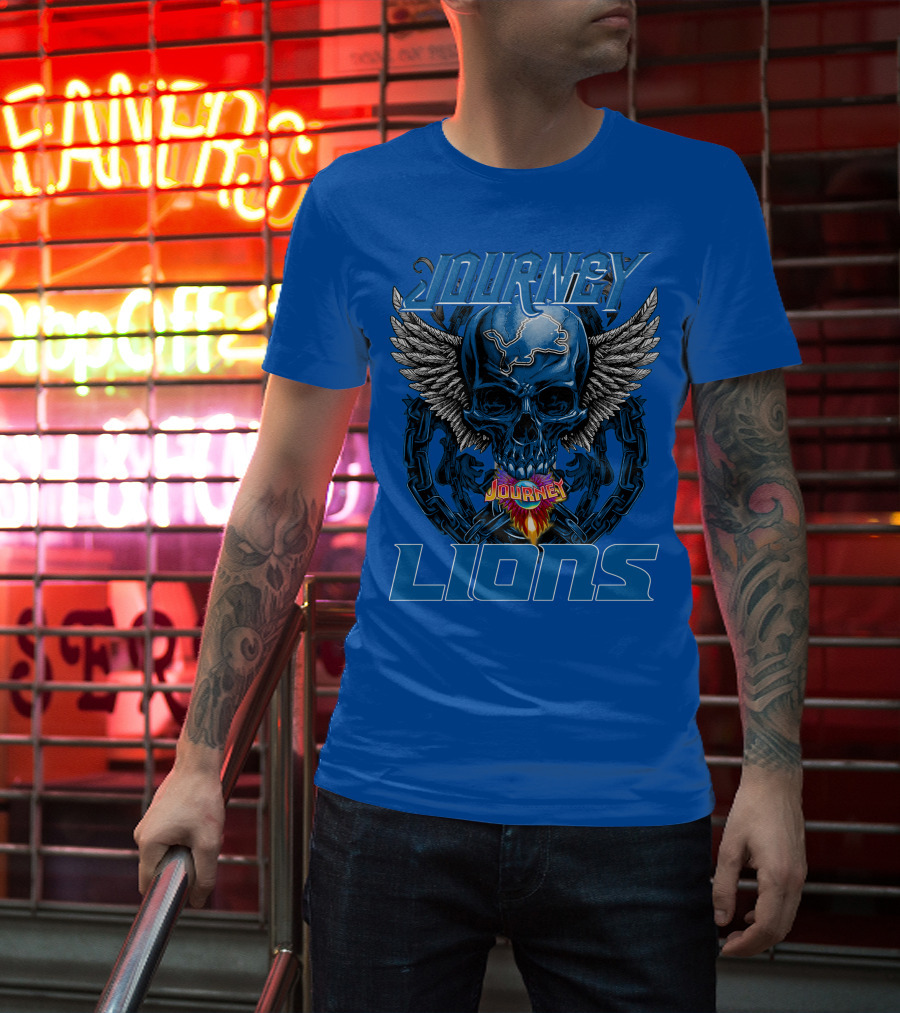 Journey Detroit Lions Skull Wings Flame Chain T-Shirt