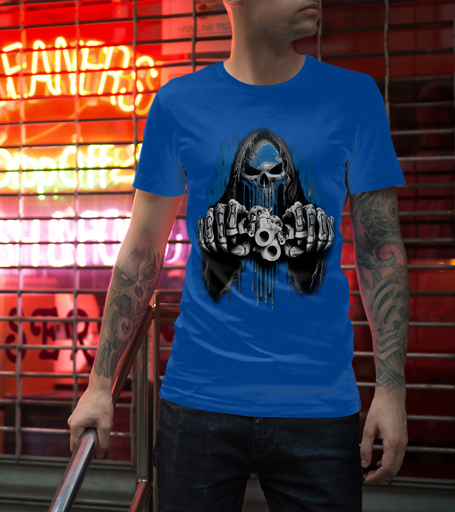 Detroit Lions 67 Grim Reaper Skeleton Guns T-Shirt