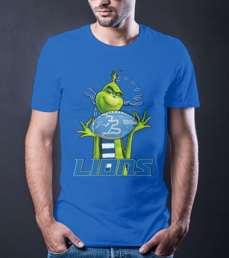 Grinch Holding Detroit Lions Football Blue T-Shirt