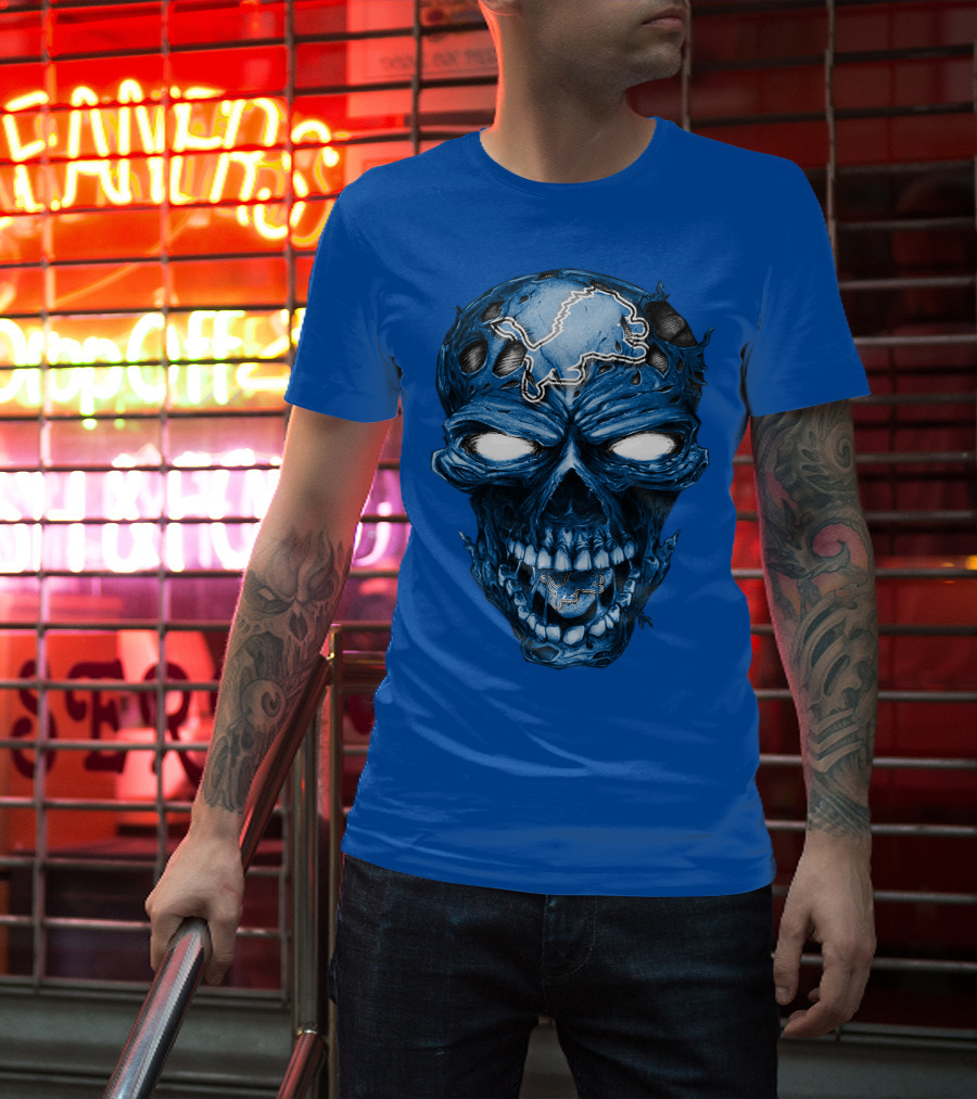 Skull Detroit Lions Distressed Blue Grunge T-Shirt