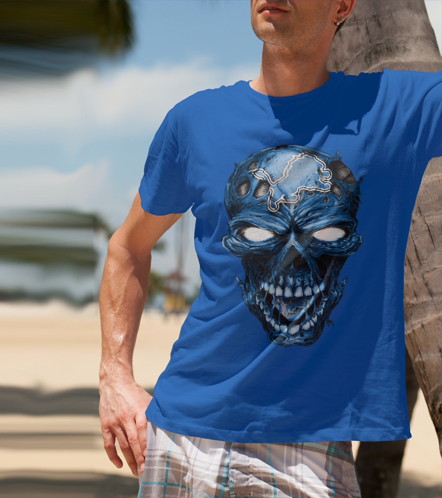 Skull Detroit Lions Distressed Blue Grunge T-Shirt