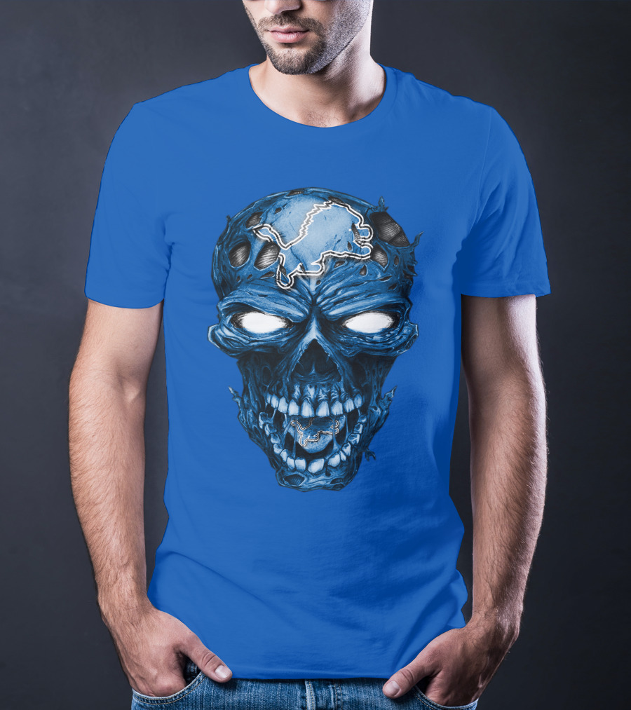 Skull Detroit Lions Distressed Blue Grunge T-Shirt