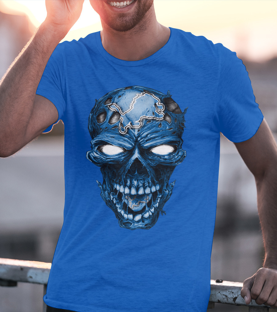 Skull Detroit Lions Distressed Blue Grunge T-Shirt