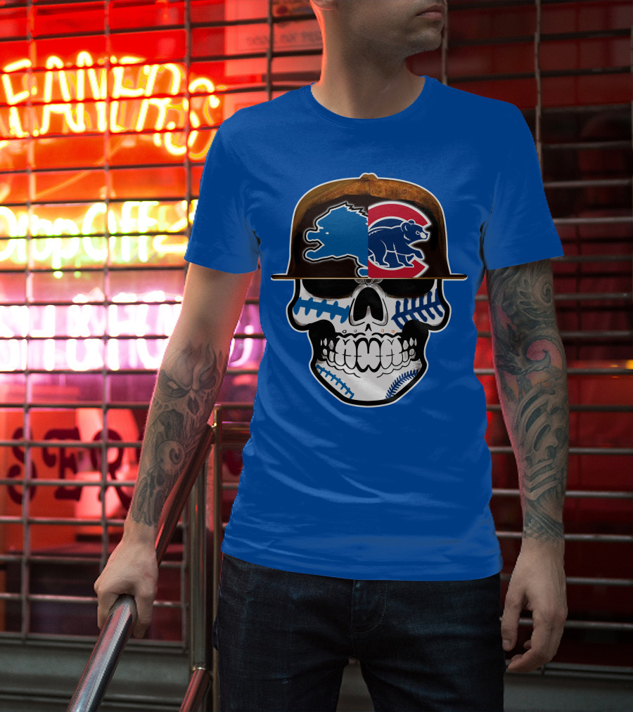 Detroit Lions Chicago Cubs Mashup Skull T-Shirt