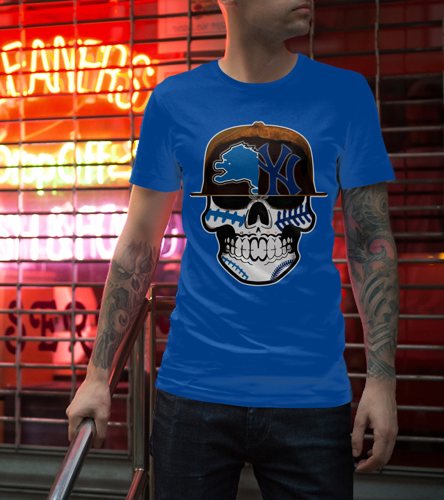 Detroit Lions Yankees Skull Blue Baseball Hat 74 T-Shirt