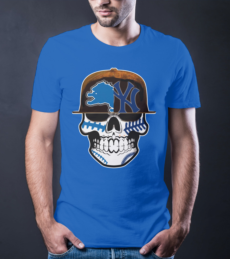 Detroit Lions Yankees Skull Blue Baseball Hat 74 T-Shirt