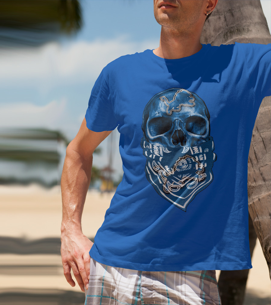 Detroit Lions Skull Bandana Blue T-Shirt