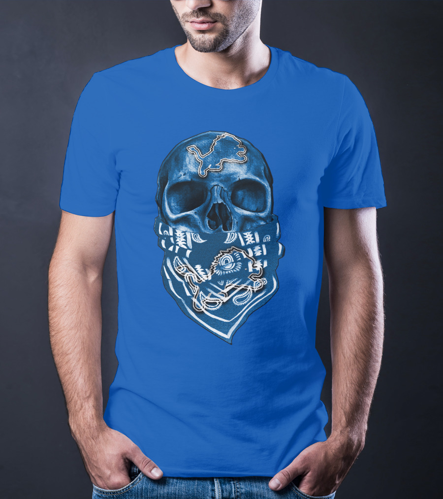 Detroit Lions Skull Bandana Blue T-Shirt