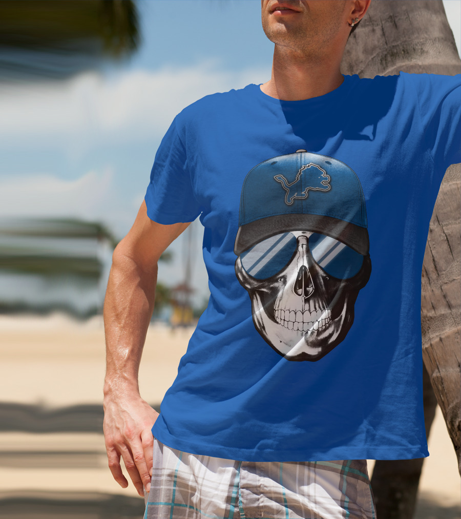 Skull Wearing Detroit Lions Cap With Reflective Sunglasses T-Shirt