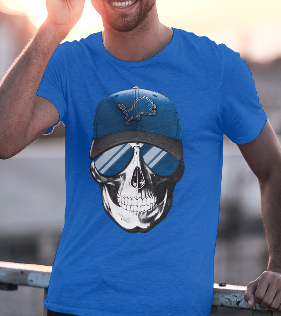 Skull Wearing Detroit Lions Cap With Reflective Sunglasses T-Shirt