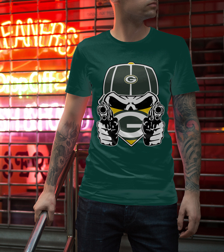 Green Bay Packers G Logo Helmet With Crossed Guns Face Mask T-Shirt