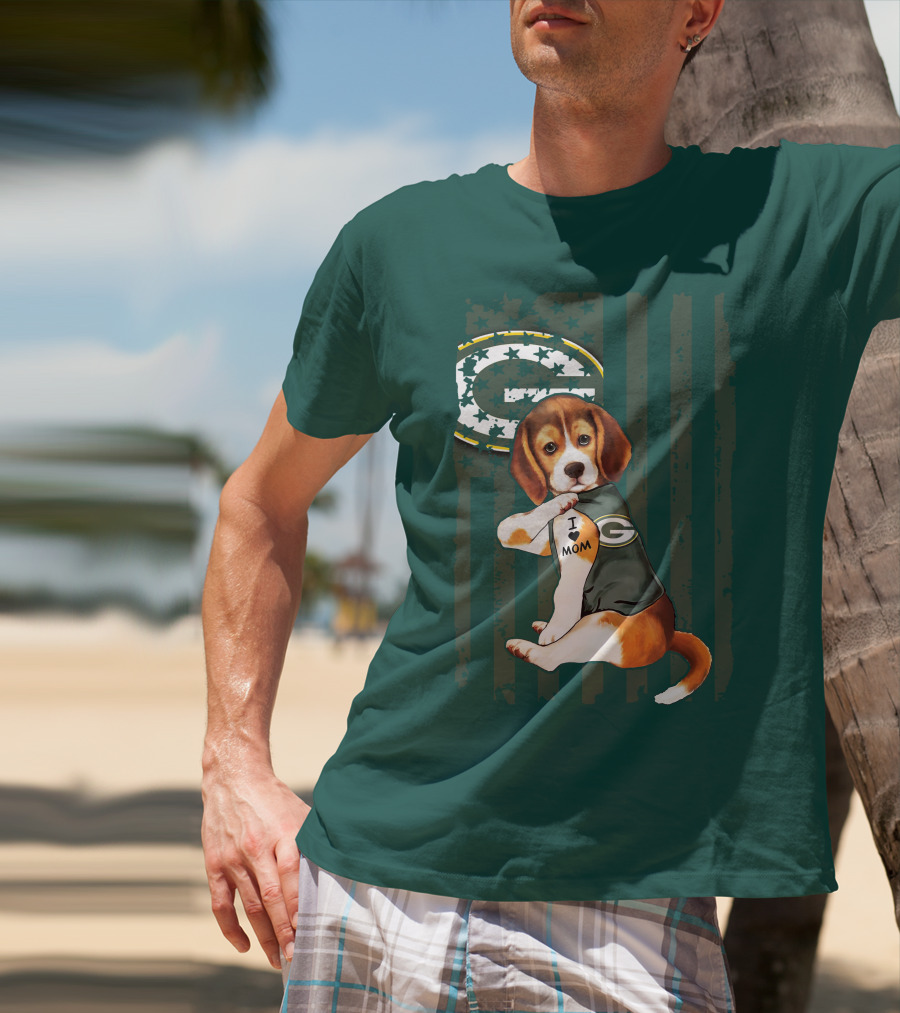 Beagle Wearing Green Bay Packers Jersey With I Love Mom Tattoo T-Shirt