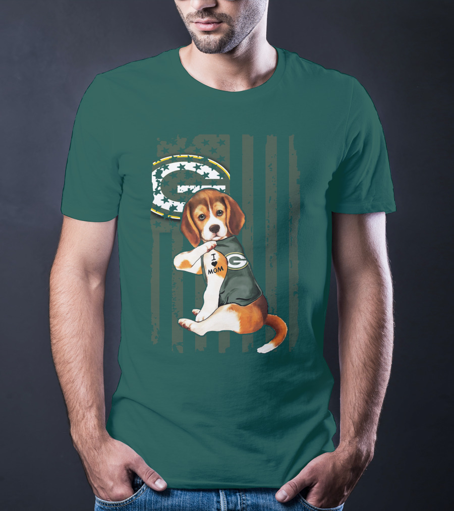 Beagle Wearing Green Bay Packers Jersey With I Love Mom Tattoo T-Shirt