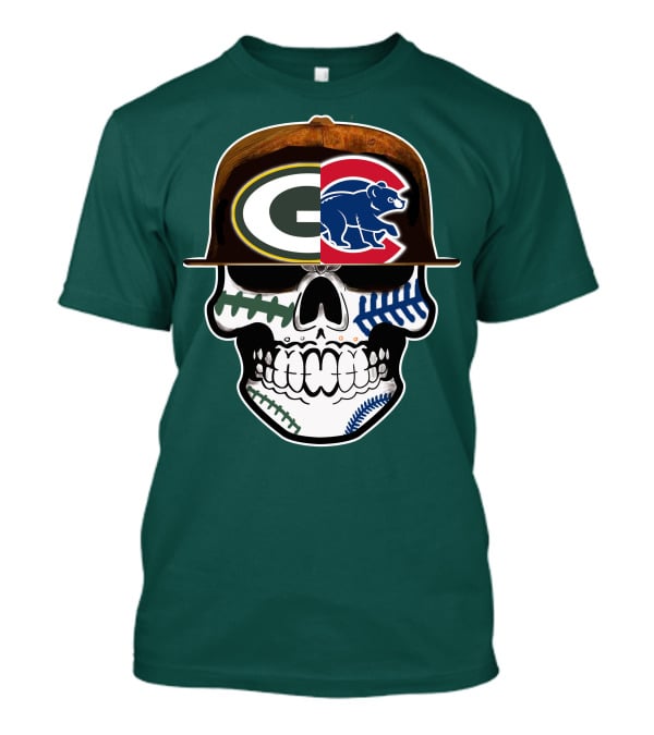 Green Bay Packers Chicago Cubs Skull Hat T-Shirt