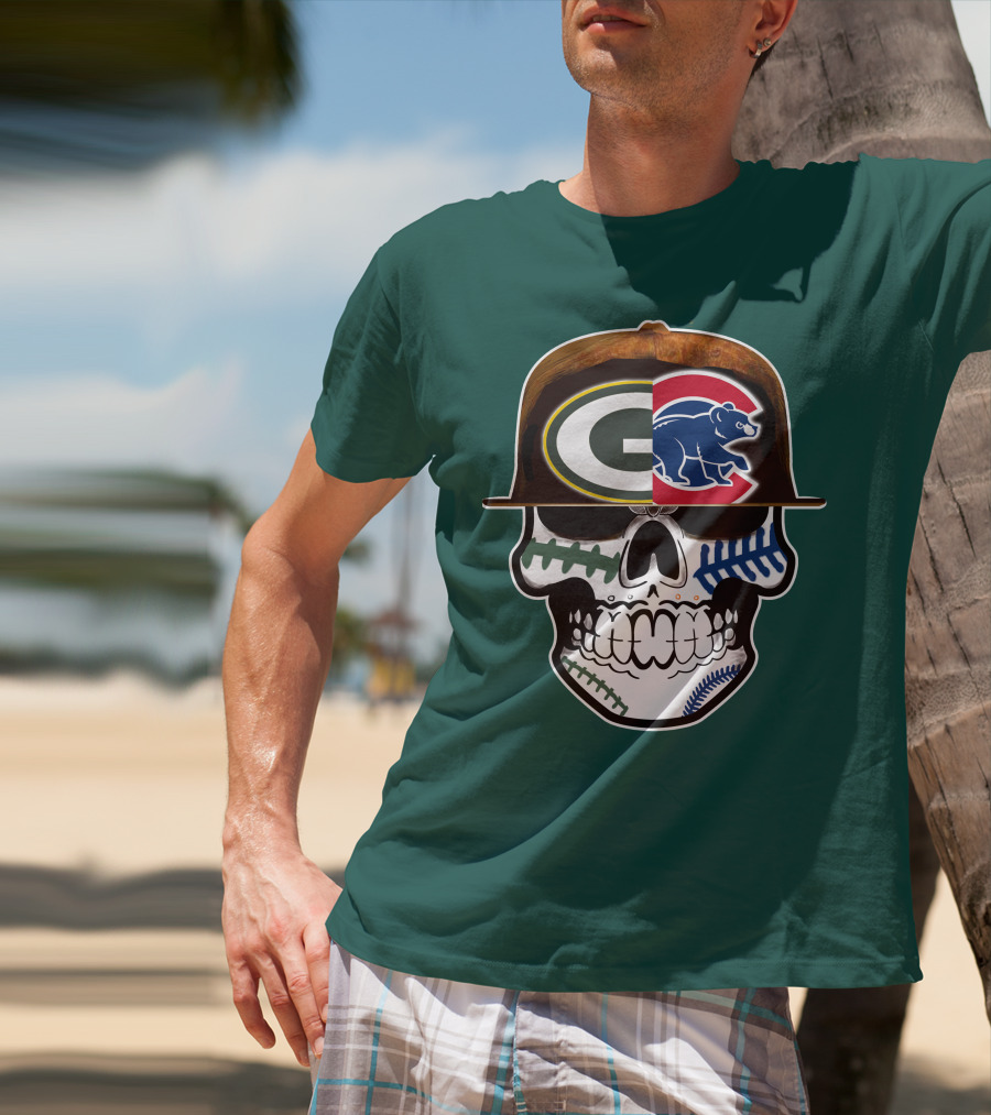 Green Bay Packers Chicago Cubs Skull Hat T-Shirt