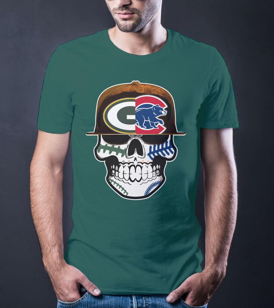 Green Bay Packers Chicago Cubs Skull Hat T-Shirt