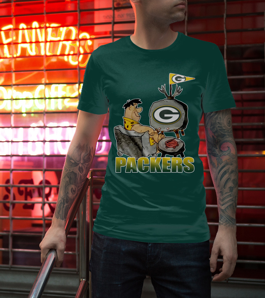 Packers Fred Flintstone Watching Tv With Green Bay T-Shirt