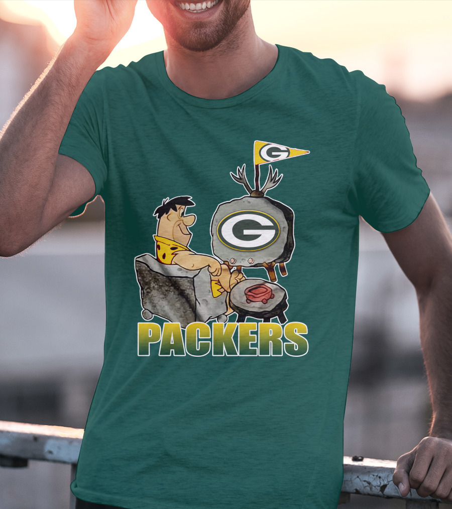 Packers Fred Flintstone Watching Tv With Green Bay T-Shirt