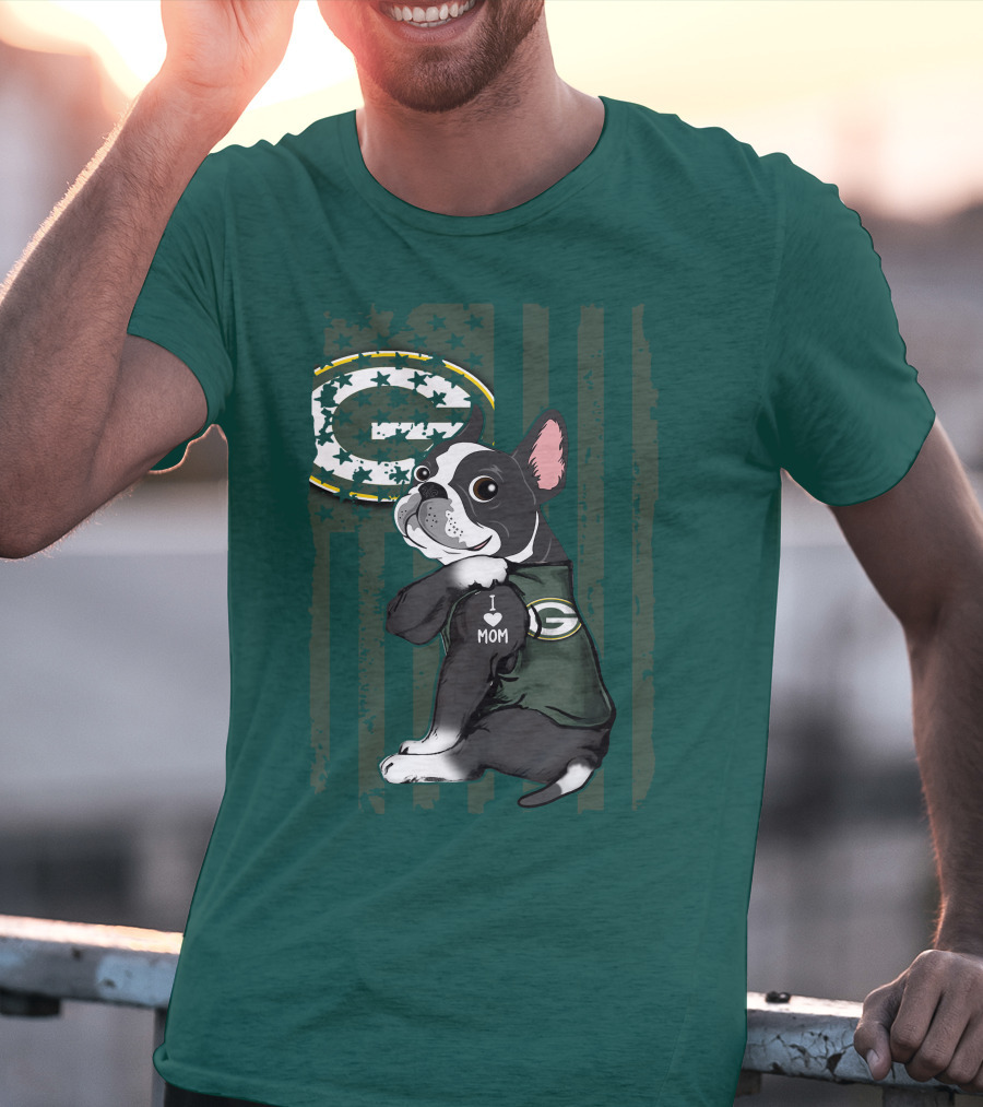 Boston Terrier Holding I Love Mom Green Bay Packers T-Shirt