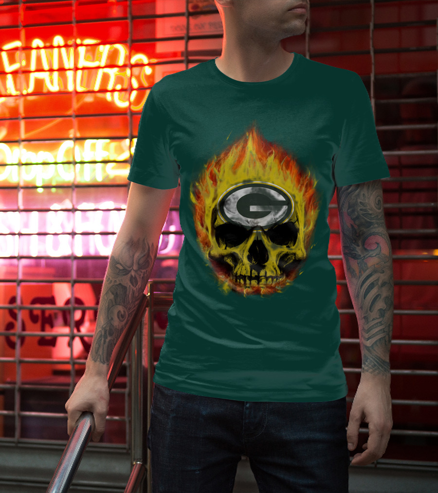Green Bay Packers Skull Flames T-Shirt