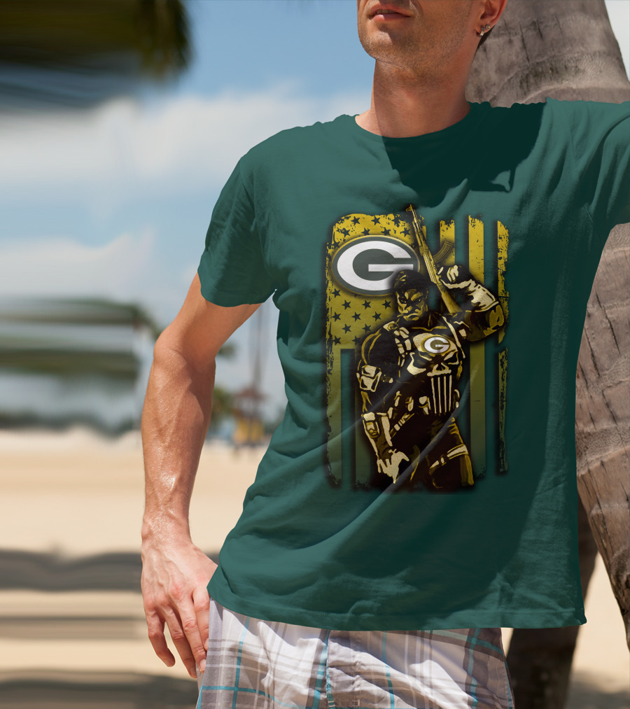 Green Bay Packers Soldier With Rifle And American Flag T-Shirt