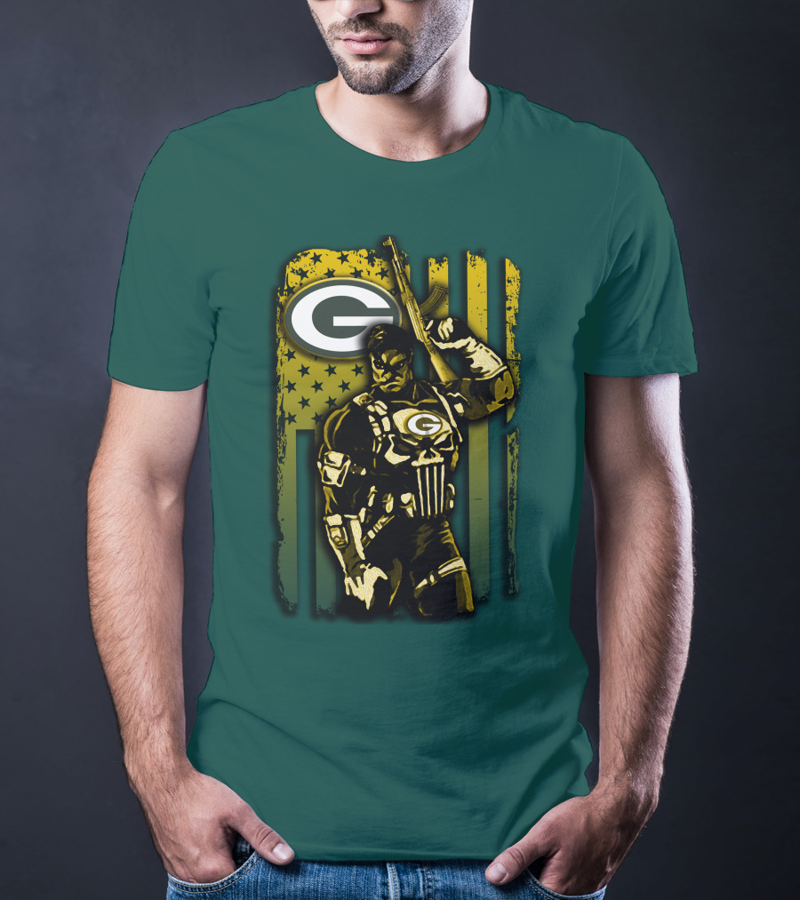 Green Bay Packers Soldier With Rifle And American Flag T-Shirt