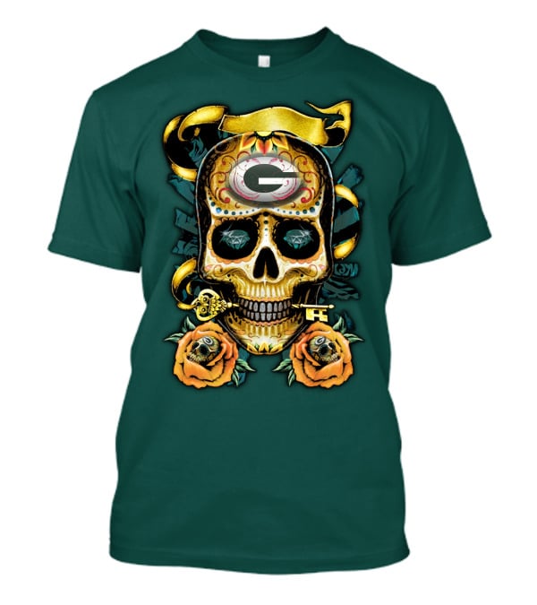 Green Bay Packers Sugar Skull Gothic Design With Floral And Key Elements T-Shirt