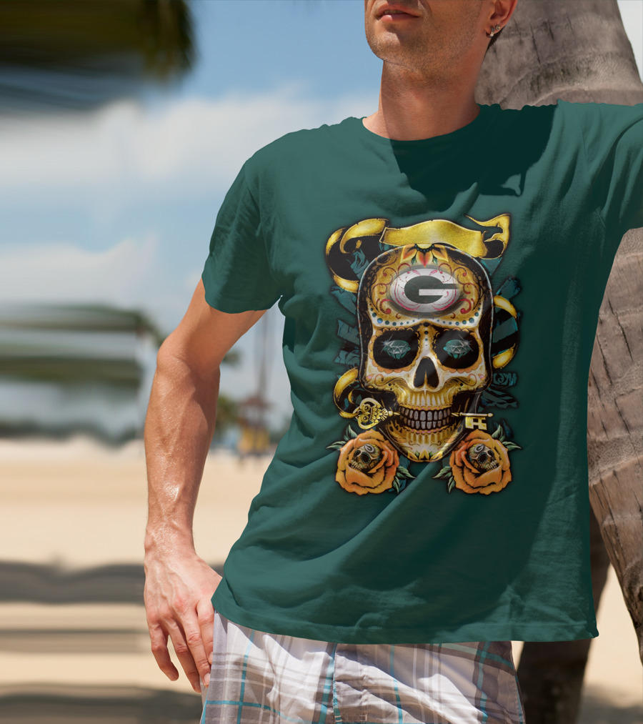 Green Bay Packers Sugar Skull Gothic Design With Floral And Key Elements T-Shirt