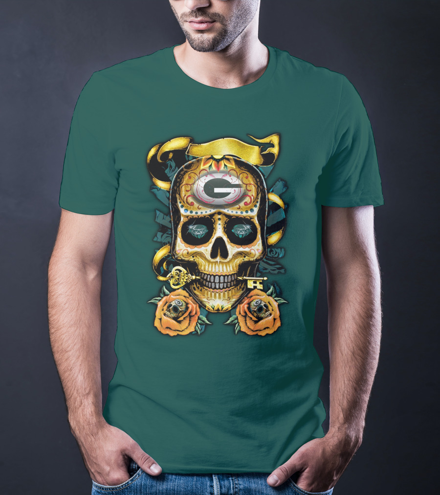 Green Bay Packers Sugar Skull Gothic Design With Floral And Key Elements T-Shirt