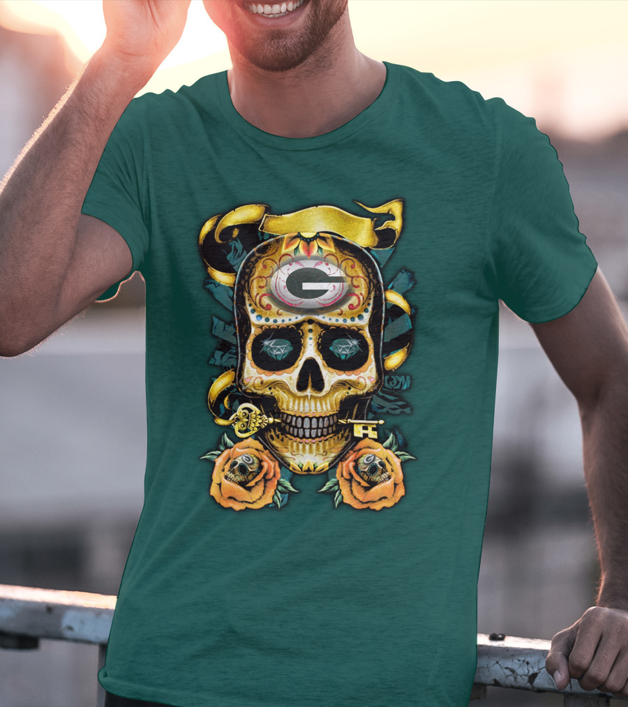 Green Bay Packers Sugar Skull Gothic Design With Floral And Key Elements T-Shirt