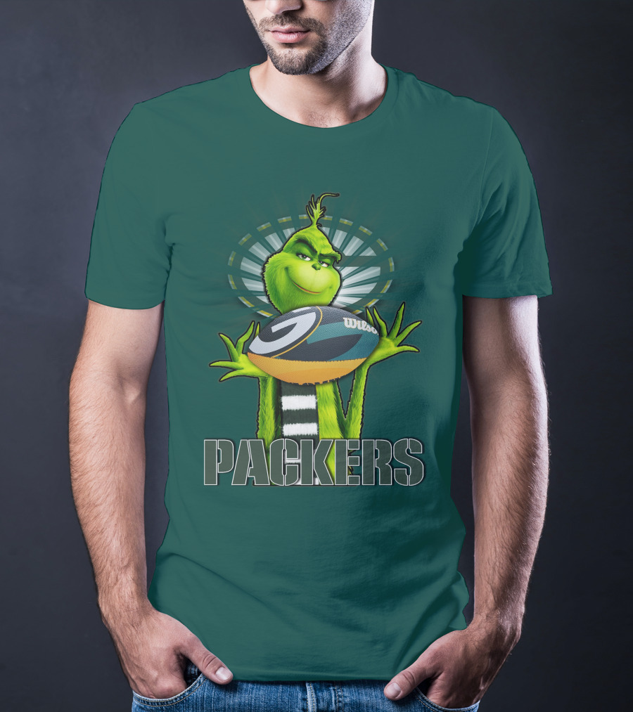 Grinch Holding Green Bay Packers Wilson Football T-Shirt