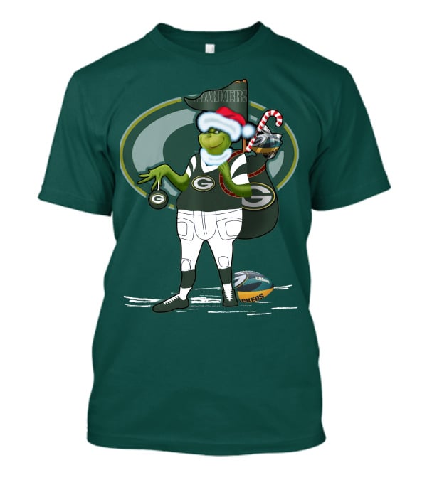 Grinch Green Bay Packers Christmas Santa Hat Football Candy Cane T-Shirt