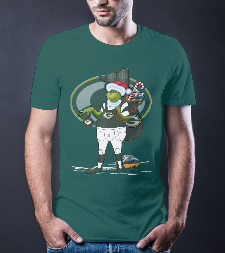 Grinch Green Bay Packers Christmas Santa Hat Football Candy Cane T-Shirt