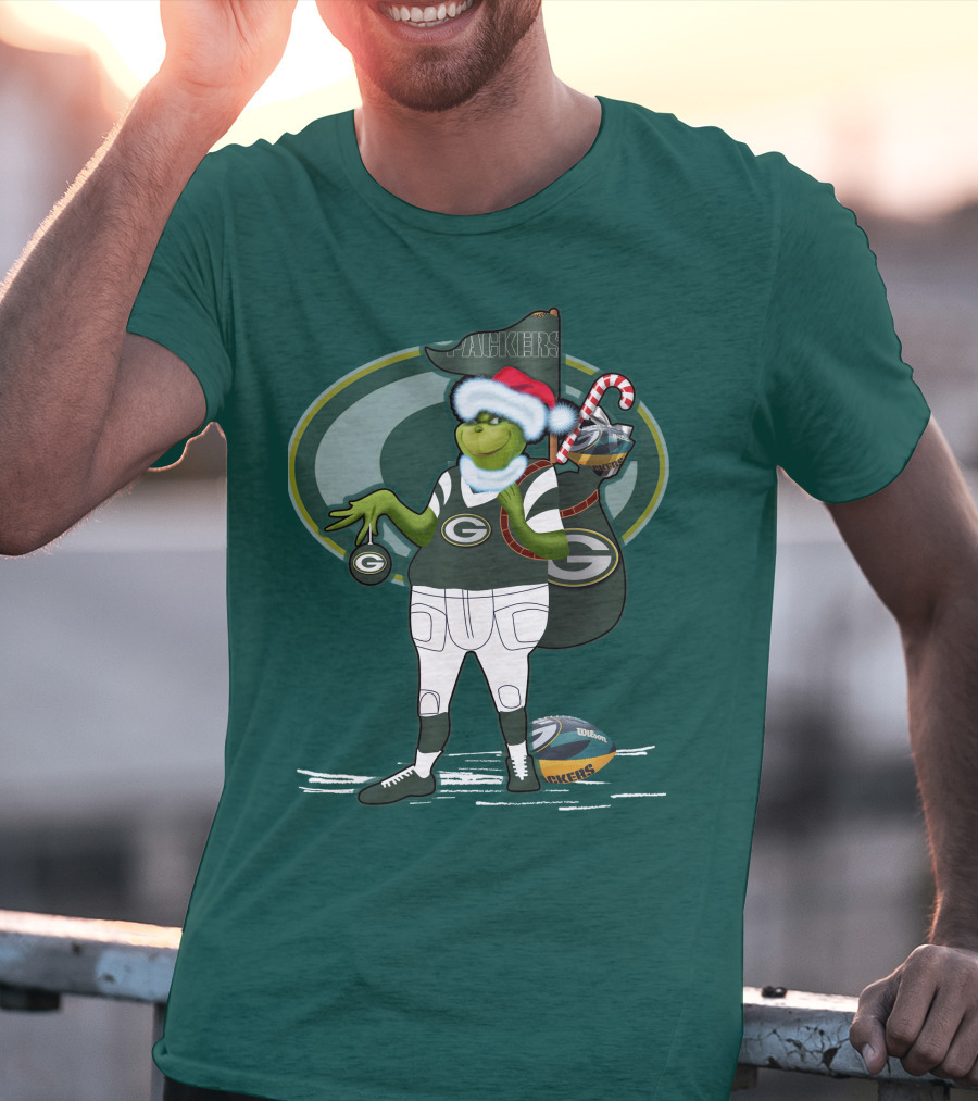Grinch Green Bay Packers Christmas Santa Hat Football Candy Cane T-Shirt