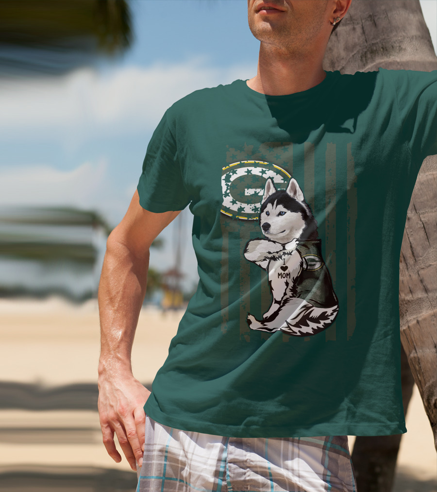 Siberian Husky Green Bay Packers Mom Fan With Heart Tattoo And Team T-Shirt