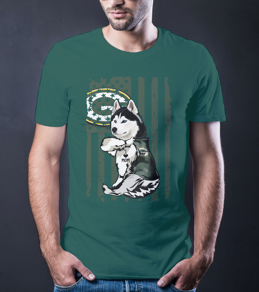 Siberian Husky Green Bay Packers Mom Fan With Heart Tattoo And Team T-Shirt