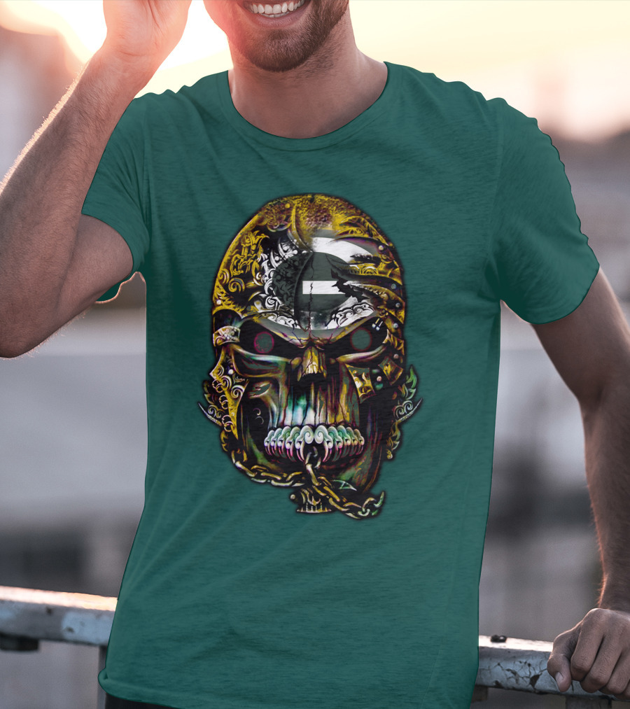 Green Bay Packers 82 Skull Art With Chain Motif T-Shirt