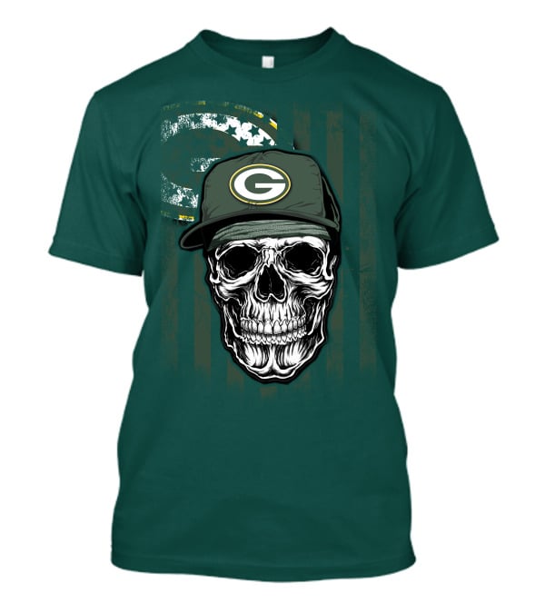 Skull Wearing Green Bay Packers Cap On Flag Background T-Shirt