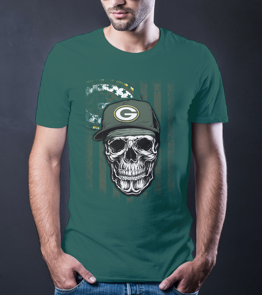Skull Wearing Green Bay Packers Cap On Flag Background T-Shirt