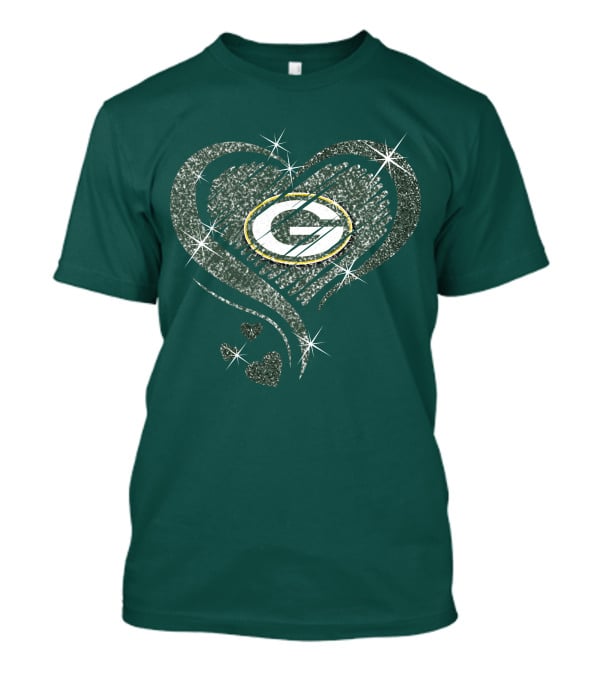 Green Bay Packers Heart Diamond Sparkle T-Shirt