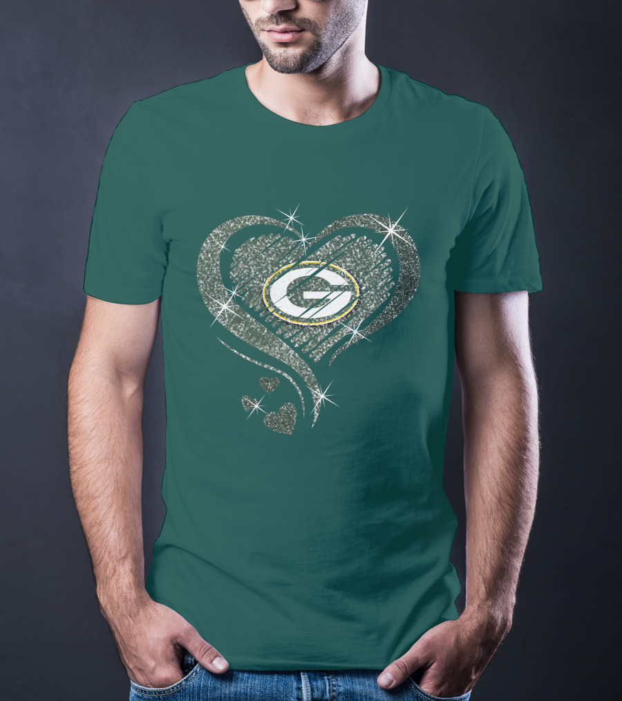 Green Bay Packers Heart Diamond Sparkle T-Shirt