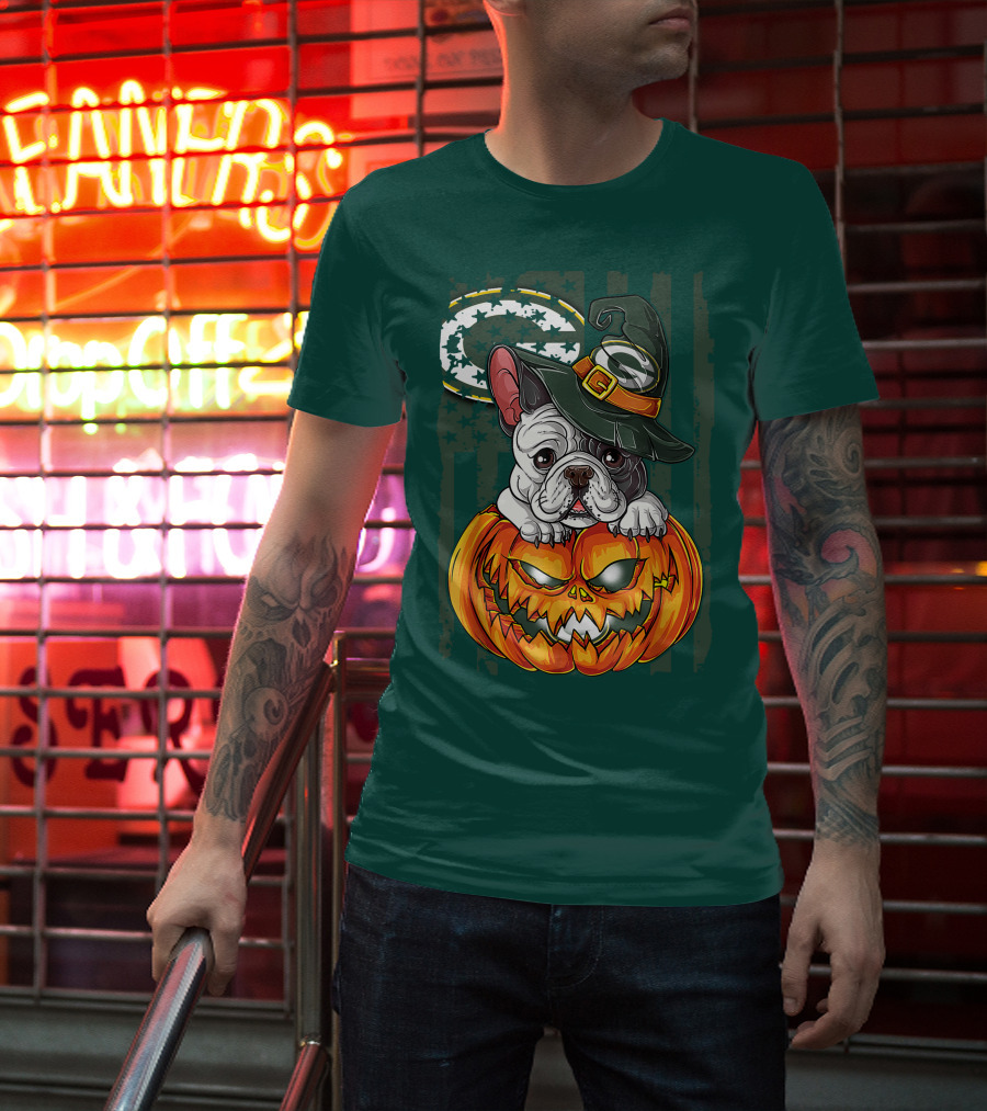 Hlw Bulldog Halloween Witch Green Bay Packers Pumpkin T-Shirt