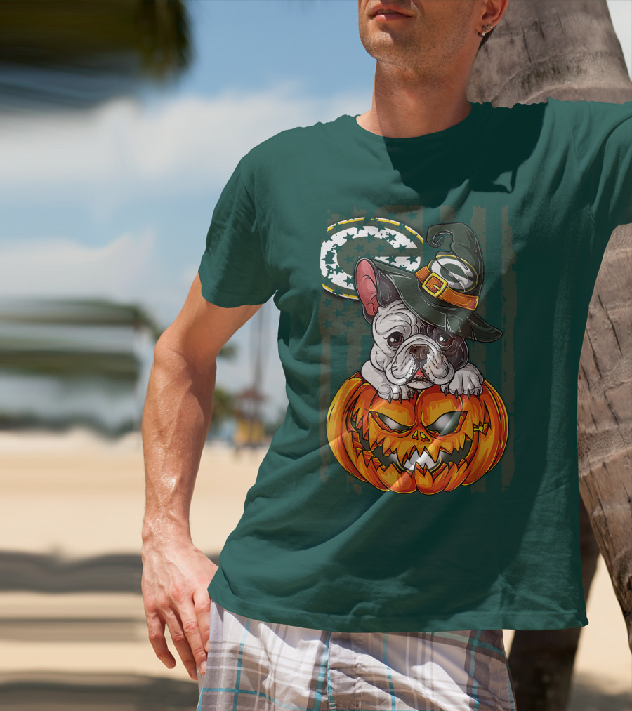 Hlw Bulldog Halloween Witch Green Bay Packers Pumpkin T-Shirt
