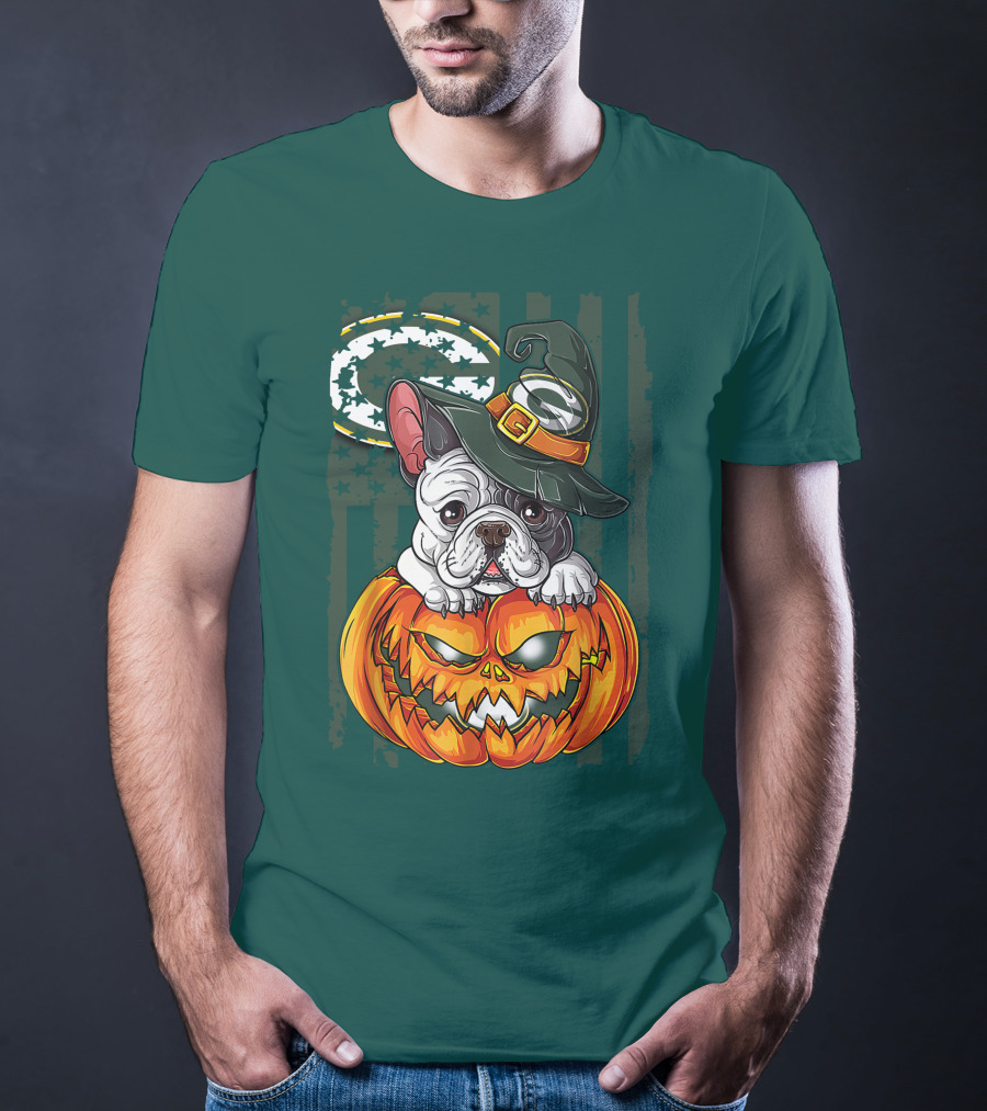Hlw Bulldog Halloween Witch Green Bay Packers Pumpkin T-Shirt