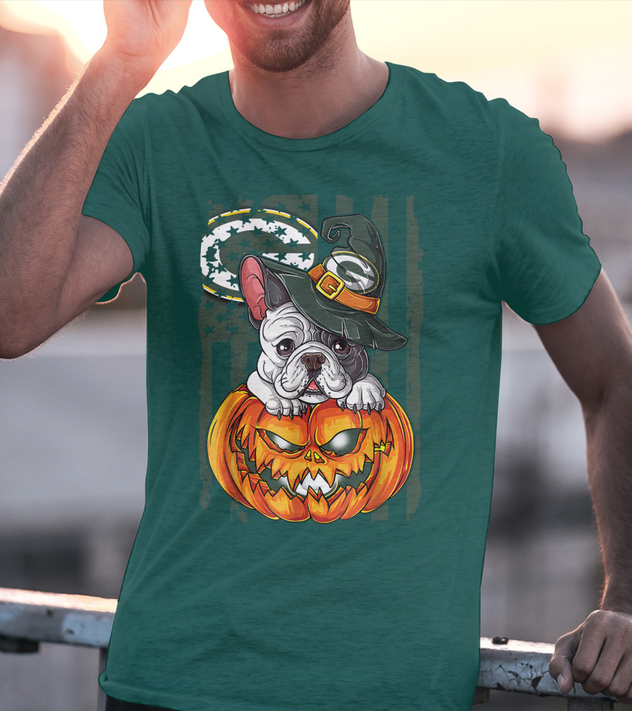 Hlw Bulldog Halloween Witch Green Bay Packers Pumpkin T-Shirt